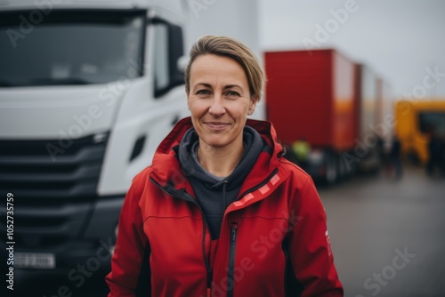 Portrait of a confident body positive Caucasian female truck driver