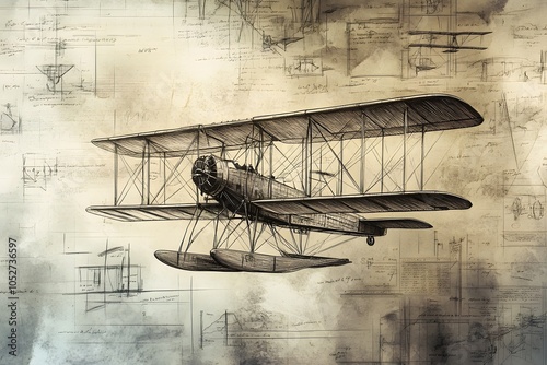 A vintage chalk drawing of the Wright Brother's Kitty Hawk first flight, with drawings and technical notes in the background depicting its design details.  photo