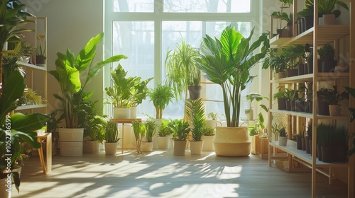 A bright and airy corner of a home goods store featuring plants, planters, and gardening supplies, inviting nature indoors.