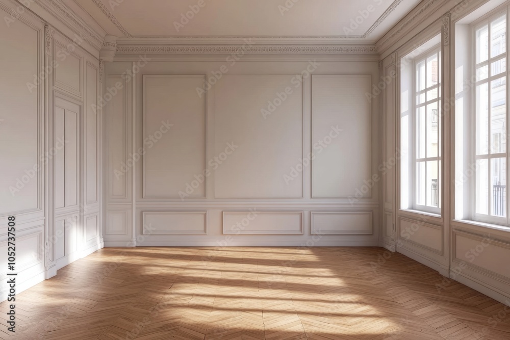 Obraz premium A large room with white walls and wooden floors. There are no furniture or decorations in the room