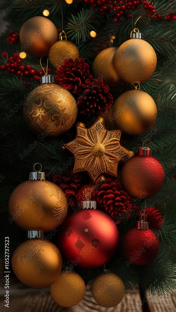 Festive Red and Gold Holiday Ornaments on Pine Tree, Festive Christmas Tree with Gold and Red Ornaments and Twinkling Lights Festive Red and Gold Holiday Ornaments on Pine Tree, Festive Christmas Tree with Gold and Red Ornaments and Twinkling Lights