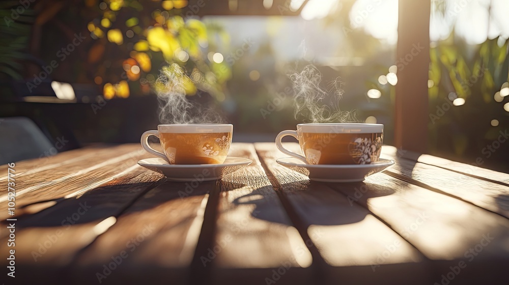A cozy caf?(C) setting with steaming cups of tea on a sunlit table outdoors. A cozy caf?(C) setting with steaming cups of tea on a sunlit table outdoors.