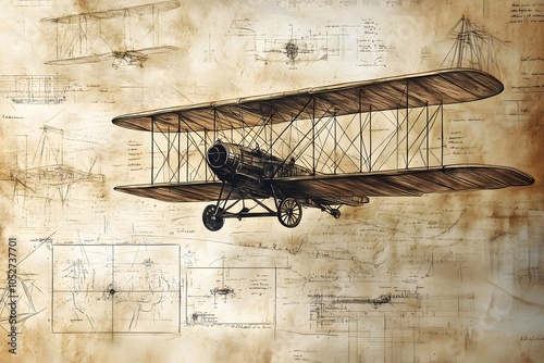 A vintage chalk drawing of the Wright Brother's Kitty Hawk first flight, with drawings and technical notes in the background depicting its design details.  photo