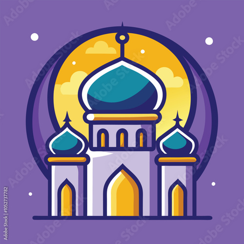 A colorful illustration of a mosque at night with a crescent moon in the background.