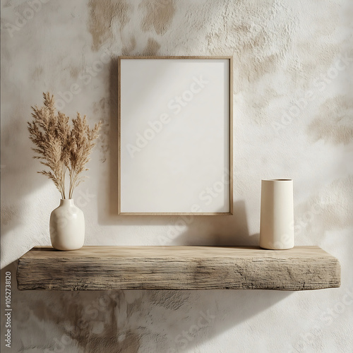 rustic shelf with a simple blank wall art frame for mockup neutral tones faded prairiecore cottagecore beautiful do not block frame photo