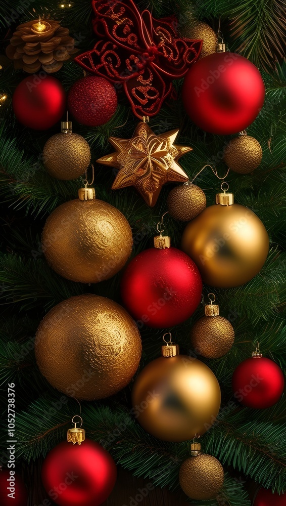 Traditional Holiday Ornaments in Red and Gold on Christmas Tree, Colorful Christmas balls and cones on spruce branches Traditional Holiday Ornaments in Red and Gold on Christmas Tree, Colorful Christmas balls and cones on spruce branches