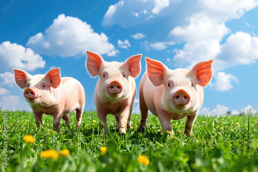Three playful pigs stand in a sunny, grassy field under a bright blue sky, showcasing a cheerful and idyllic farm scene. Three playful pigs stand in a sunny, grassy field under a bright blue sky, showcasing a cheerful and idyllic farm scene.