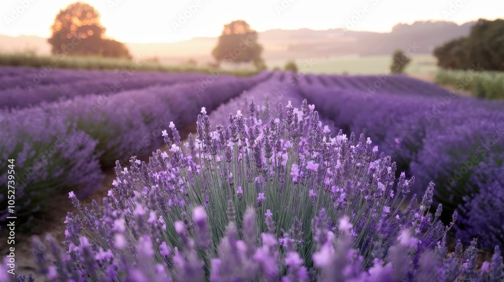 Naklejka premium Title Blooming lavender field under soft dawn light
