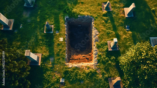 A dug rectangular grave dug in a cemetery to bury a new individual, the scene at the graveyard with the hole surrounded by stones. photo