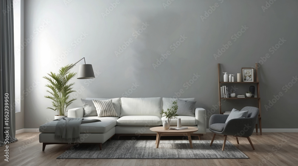 Modern living room featuring gray walls, minimalist furniture, artificial plant, and wooden flooring creating a cozy atmosphere Modern living room featuring gray walls, minimalist furniture, artificial plant, and wooden flooring creating a cozy atmosphere