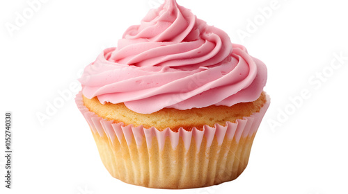 Cupcake with pink icing on white background