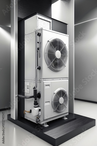 Modern air conditioning system with sleek design, located in high-tech interior, featuring compact components and dual fans, representing efficiency and innovation.