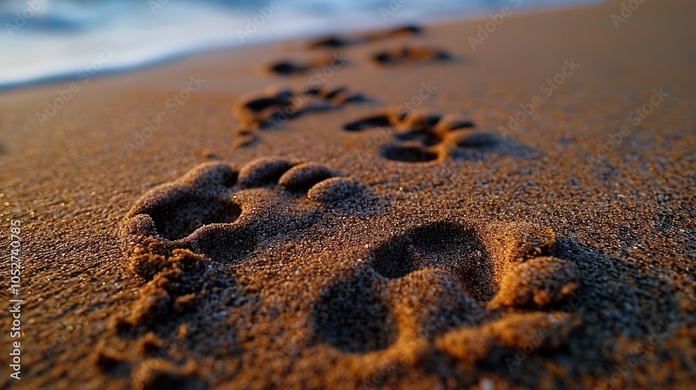 Footprints in the sand leading towards the horizon at sunset. Footprints in the sand leading towards the horizon at sunset.