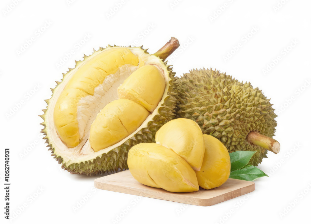 Fototapeta premium A piece of fruit with a green leaf on top of it. The fruit is a durian