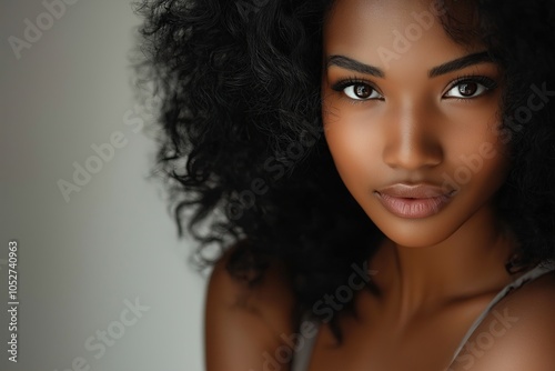 Close-up portrait of young Black woman with curly hair and expressive eyes