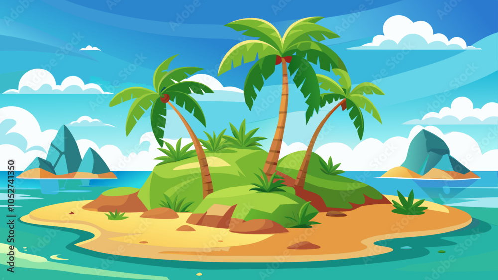 A tranquil tropical island with palm trees and rocky formations under a blue sky on a sunny day