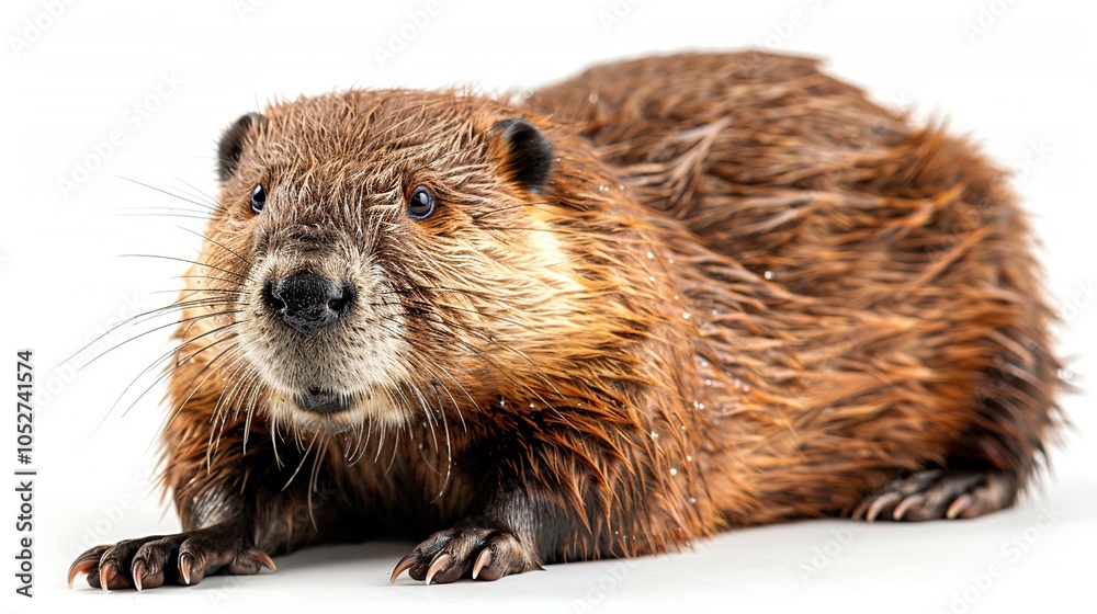 A wet brown beaver with large, dark eyes looks directly at the camera. A wet brown beaver with large, dark eyes looks directly at the camera.