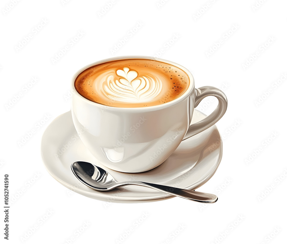 A stylish cup of coffee featuring intricate latte art shaped like a heart, elegantly presented on a saucer with a silver spoon, isolated on white background A stylish cup of coffee featuring intricate latte art shaped like a heart, elegantly presented on a saucer with a silver spoon, isolated on white background