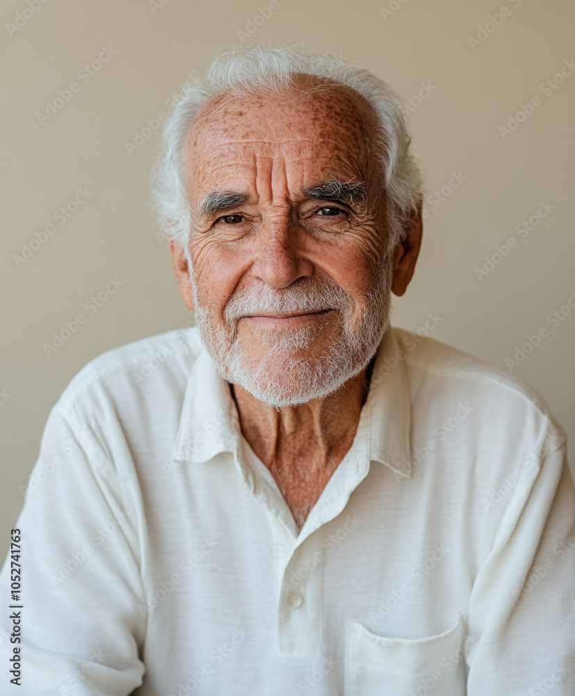 A serene elderly man with a warm smile, dressed in a white shirt, exudes wisdom and kindness against a plain background. A serene elderly man with a warm smile, dressed in a white shirt, exudes wisdom and kindness against a plain background.