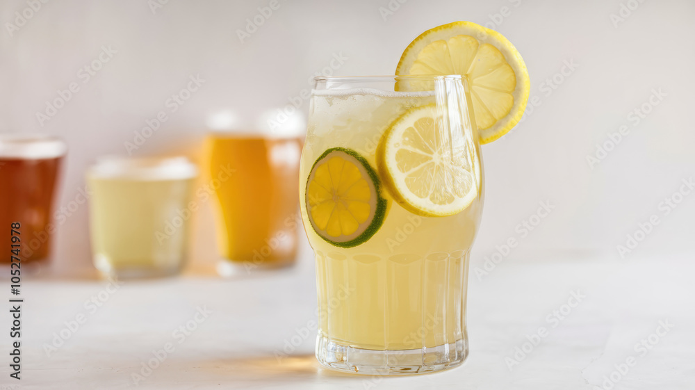 Fototapeta premium A glass of lemonade with a slice of lemon on top. The glass is on a table with other glasses and a bottle