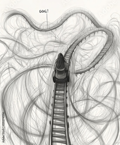 A woman on a roller coaster track representing life's twists and turns towards a goal.