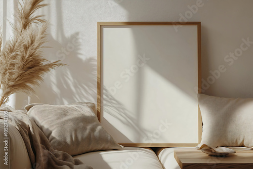 a mockup of a thin wood EMPTY frame setting on a table in a Scandinavian cabin with earth colored accents and leaning against the wall behind it bright and simple su photo