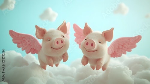 Two cute pigs with pink wings flying like angels in the sky above the clouds, when pigs fly illustration concept photo