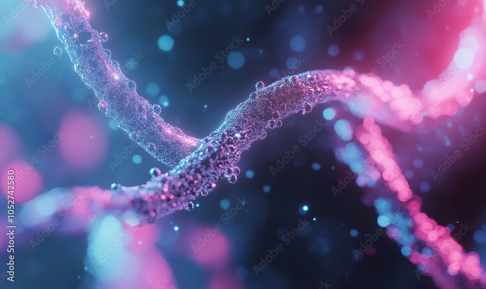 Interconnected digital molecular chains and links representing the convergence of technology, data, and innovation.