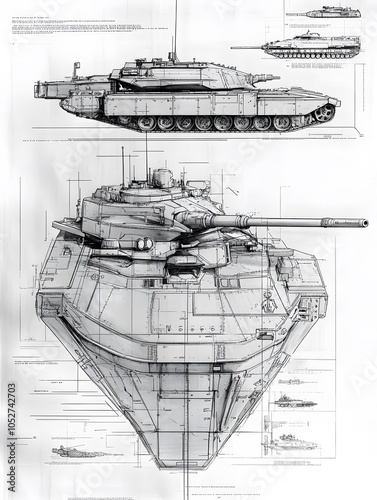 The design blueprint of the tank shows its complex structure as a heavy combat vehicle, including the body layout, firepower system, armor protection, power and suspension systems.