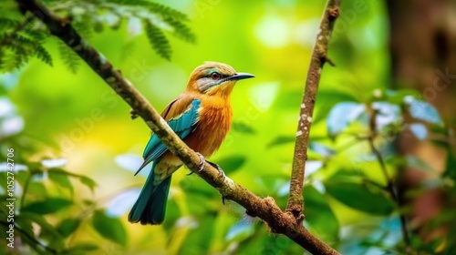 A vibrant blue and orange bird perches on a branch in a lush green forest.