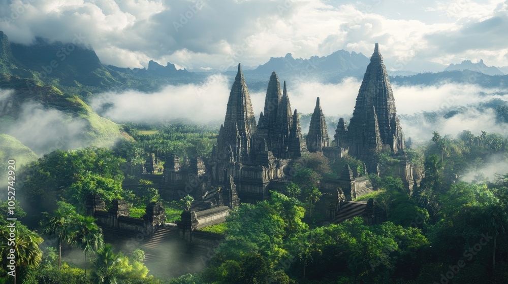 Obraz premium A panoramic view of lush greenery surrounding towering temple spires, with soft clouds above.