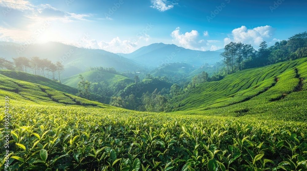 A panoramic view of lush tea plantations rolling across the hills under a clear blue sky.