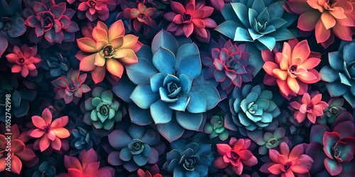 Vibrant succulents and flowers in rich colors create an eye-catching display. This floral artwork captivates with depth and beauty. Perfect for nature lovers and decorators. AI photo