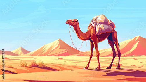 Camel with Bags on Hump Walking Through Desert Vector Illustrations Sandy Desert Landscape Camel with Saddle Cargo Bags Arid Terrain Sunlit Desert Scene Caravan Animal Travel