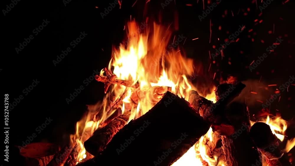 Night Bonfire Burns in the Dark Forest - Slow Motion. Flaming Campfire at Nighttime. Place for Bonfire. Fire Pit Outdoors, Wood on Fire, Flying Sparks and Smoke - Static Shot Night Bonfire Burns in the Dark Forest - Slow Motion. Flaming Campfire at Nighttime. Place for Bonfire. Fire Pit Outdoors, Wood on Fire, Flying Sparks and Smoke - Static Shot