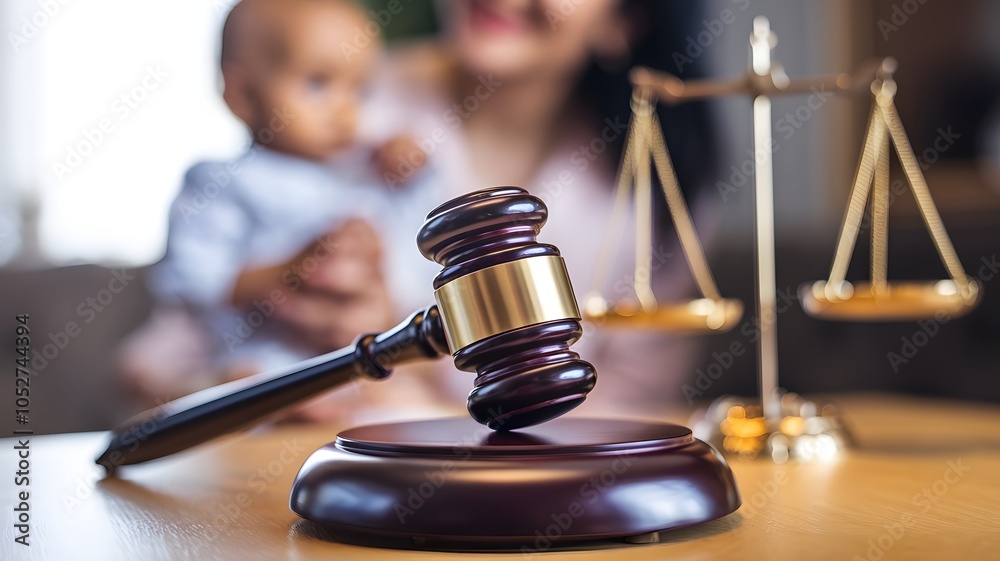A close-up view of a gavel placed on a wooden stand, with a balance scale in the background. The gavel is a symbol of law and order. In the blurred background, there's a woman and a young child