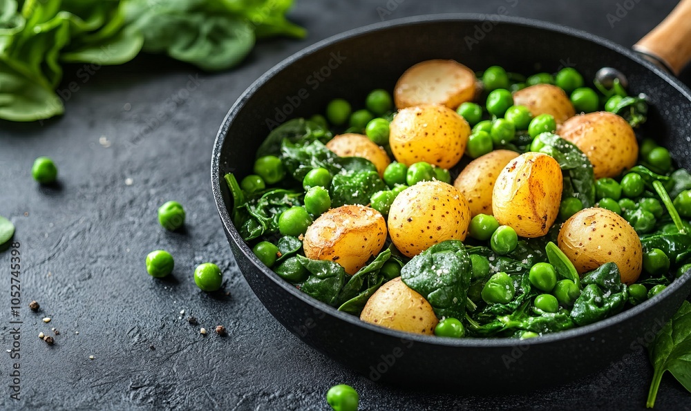 New potatoes with spinach and green peas in a frying pan on the table New potatoes with spinach and green peas in a frying pan on the table