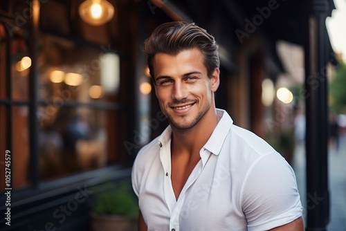 Portrait of a handsome young man standing in a cafe and smiling