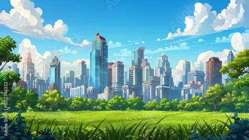 City Skyline Skyscrapers Buildings Urban Landscape Cartoon Illustration Metropolitan Architecture High-Rise Towers Cityscape Downtown Scene Modern City Lights