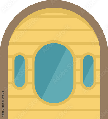 Simple vector illustration of a sauna cabin featuring an arched roof and porthole style windows