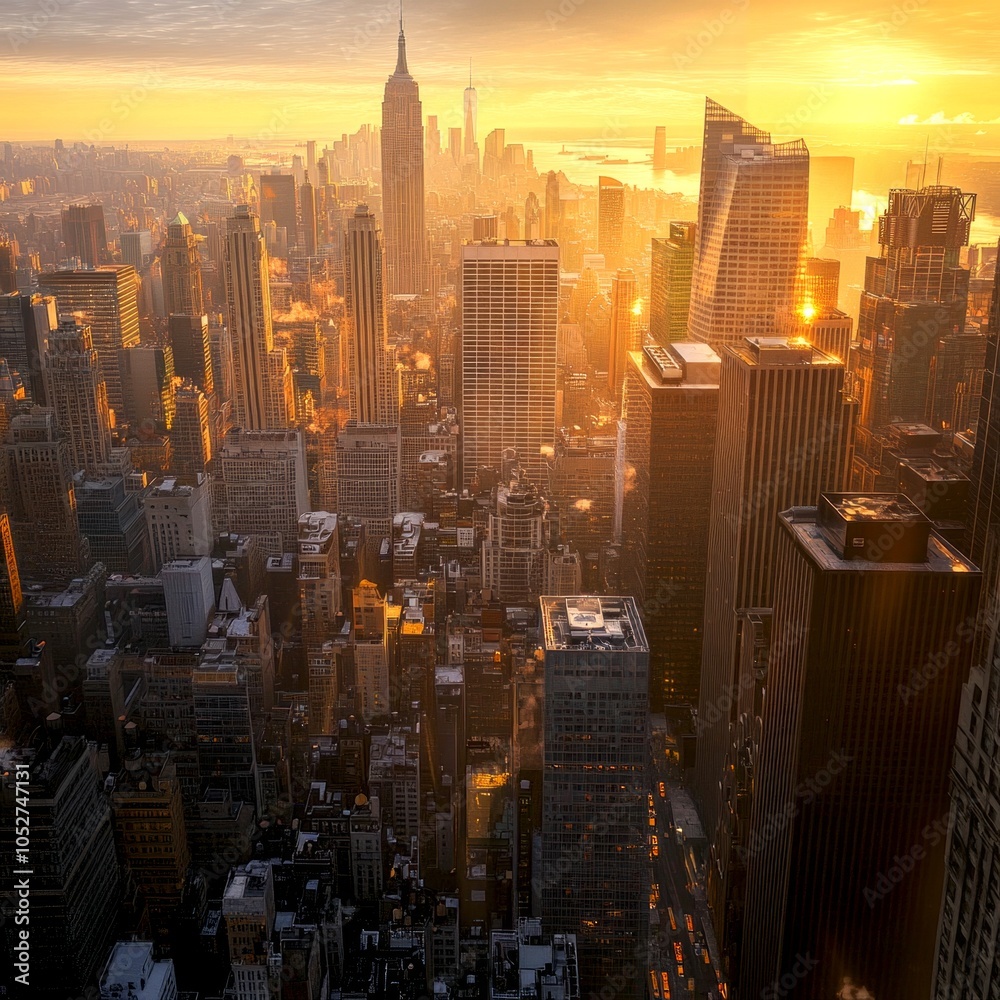Obraz premium A stunning sunset over a bustling city skyline. The golden light reflects off the tall buildings, creating a breathtaking view. This image captures urban life and architecture. AI
