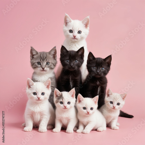Obraz na płótnie Nine kittens of various colors, set against a soft pink background. The kittens are arranged in a small pyramid shape, with three tiers. w salonie