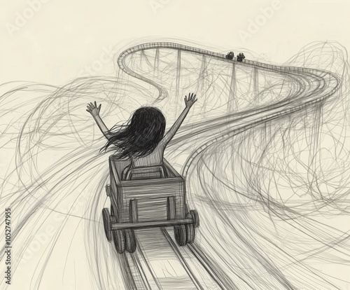 Young girl enjoying a thrilling ride in a cart on a winding track.