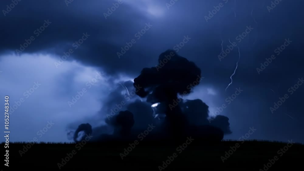 Dark storm clouds gather ominously over the horizon, illuminated by sudden lightning strikes against a twilight sky, creating a dramatic and intense atmospheric scene