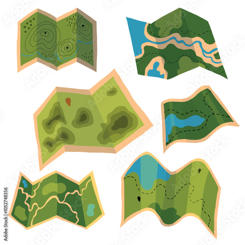 Colorful cartoon camping maps collection on white background