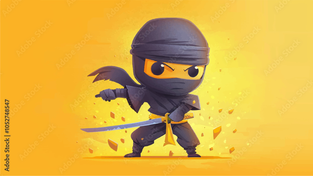 Cute Ninja Character Yellow Background Cartoon Illustration Playful Ninja Small Animated Character Black Outfit Headband Mask Face Agile Pose Cartoonish Style Fun Cute Ninja Character Yellow Background Cartoon Illustration Playful Ninja Small Animated Character Black Outfit Headband Mask Face Agile Pose Cartoonish Style Fun