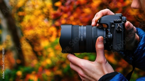 A photographer's hands holding a DSLR camera with a lens, taking a picture in a colorful autumn forest background. photo