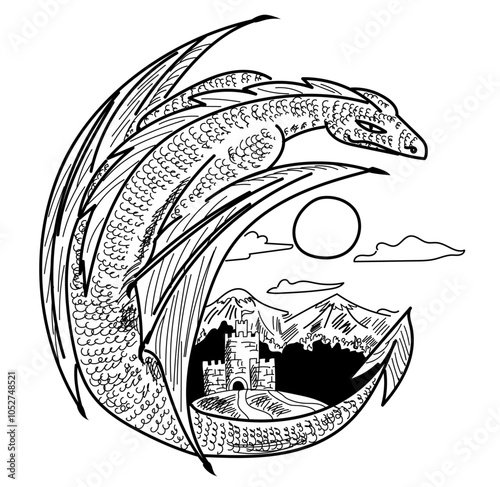 Dragon and a castle. Huge dragon flies above a fortress with mountains and forest at the background. Black and white fantasy vector illustration.