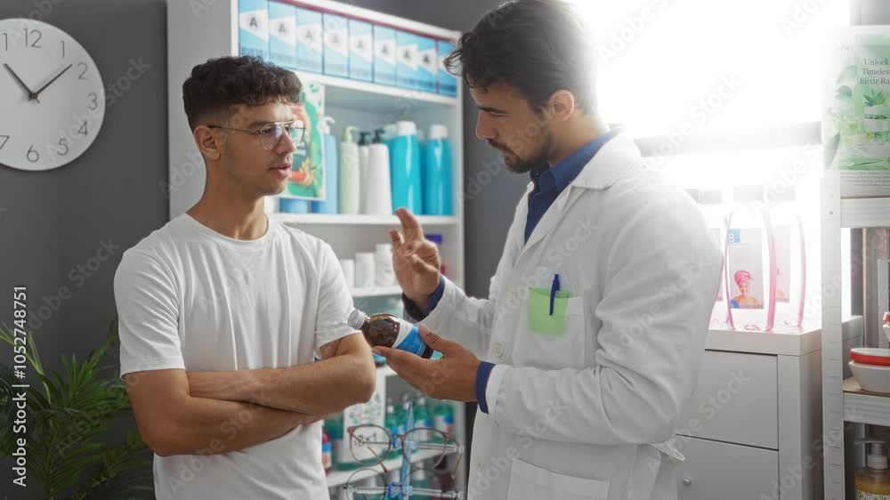 Pharmacist explaining medication to young male patient in a modern pharmacy room stocked with various health products Pharmacist explaining medication to young male patient in a modern pharmacy room stocked with various health products