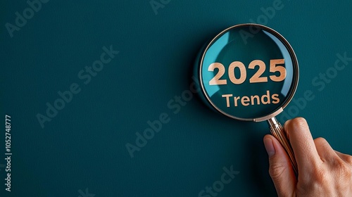 Business Plan 2025 Strategy Spotlight on "2025 Trends" with magnifying glass held by a hand